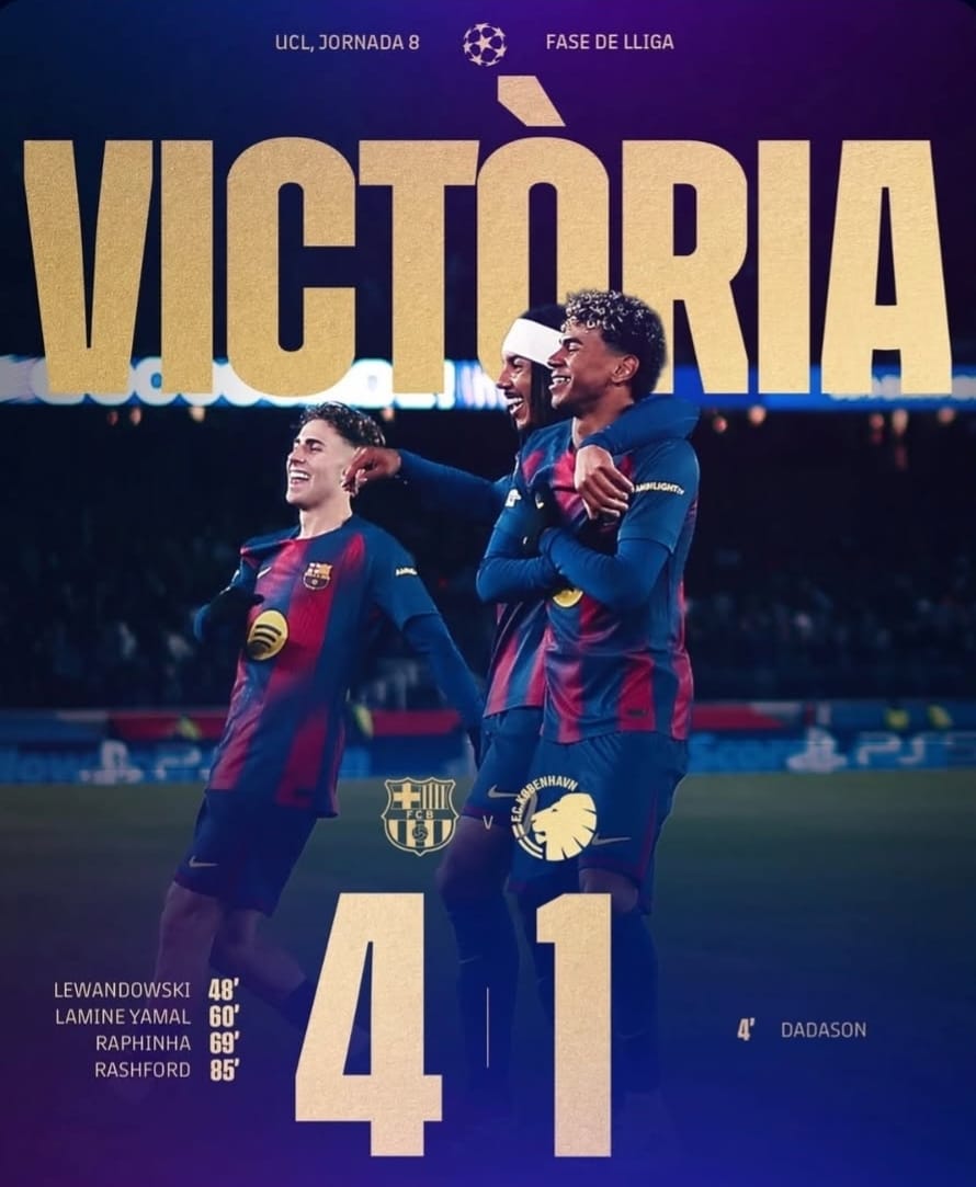 برشلونة يقسو على كوبنهاغن برباعية مقابل هدف وحيد وينهي الدور الأول من دوري أبطال اوروبا بالمركز الخامس.